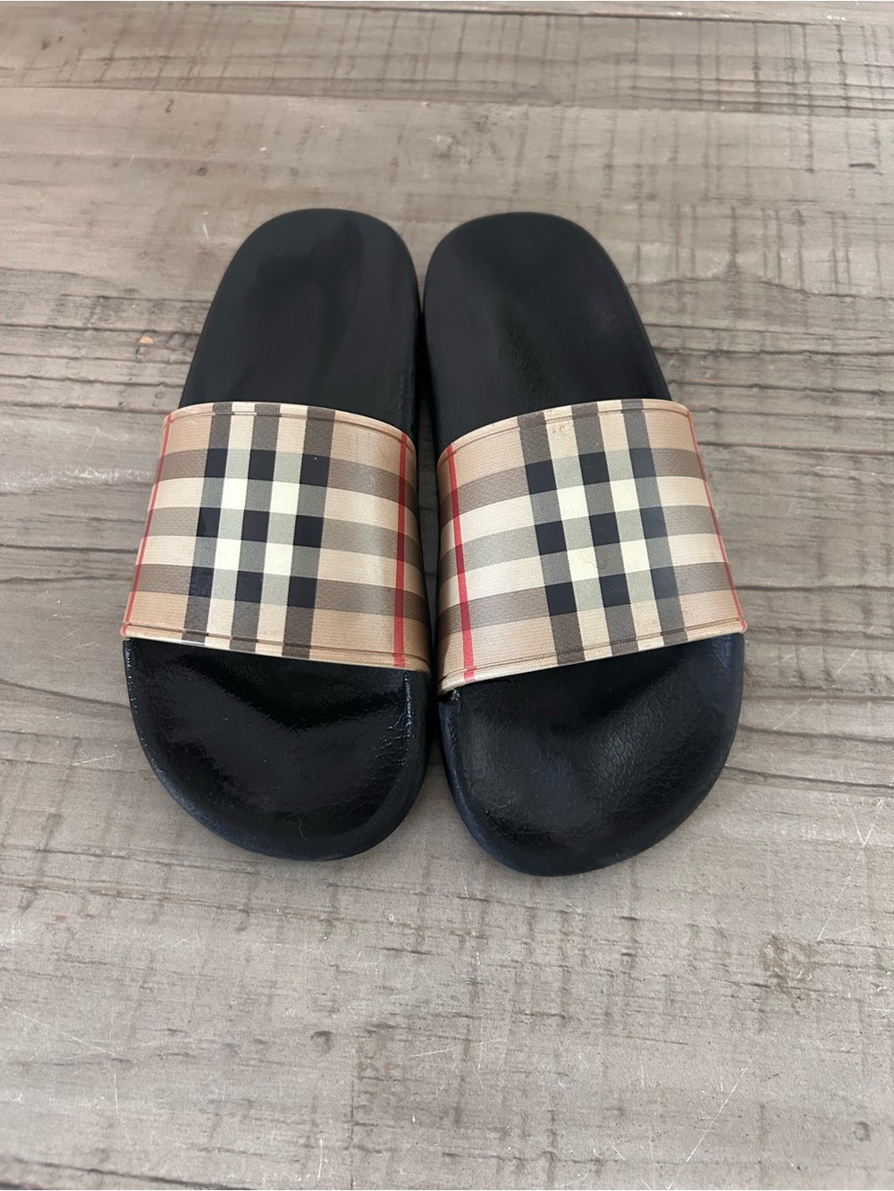 Burberry Black Slides with Beige Plaid Strap